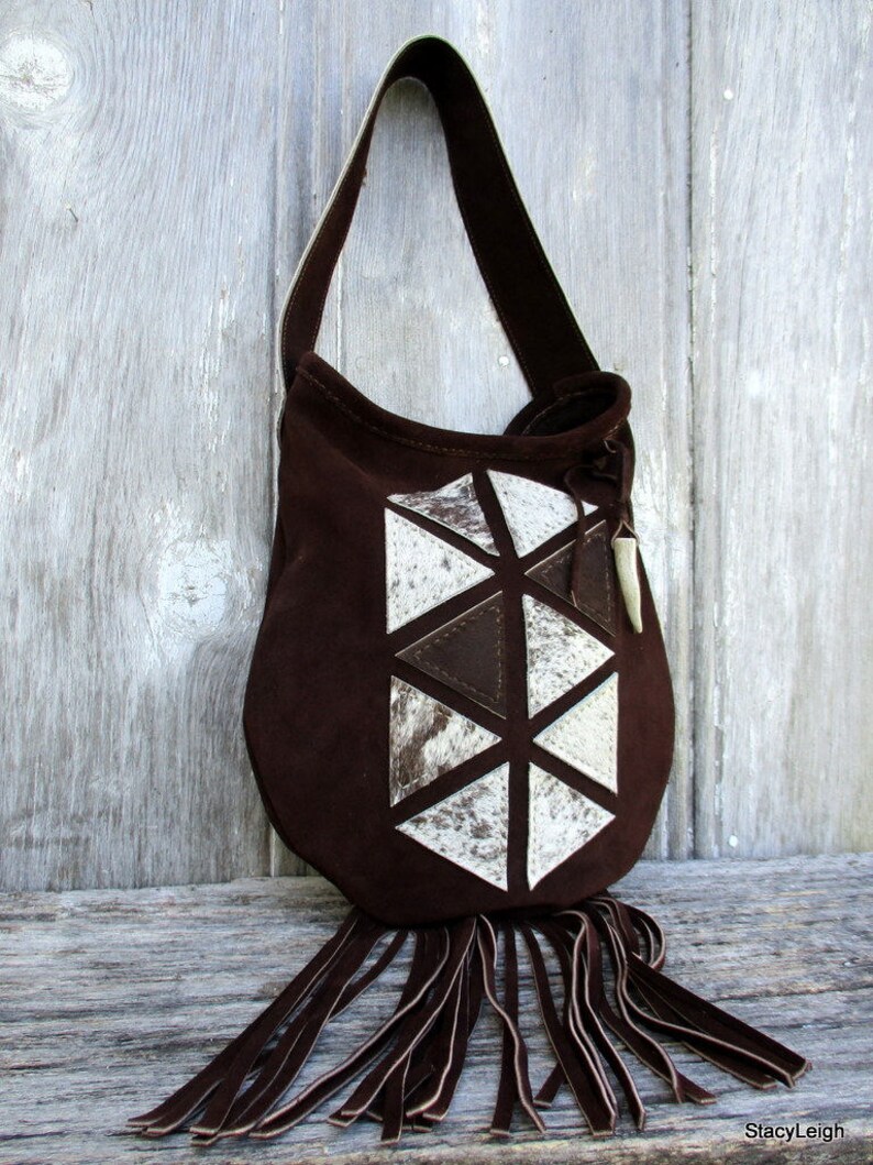 Geometric Triangle Suede Leather Shoulder Bag with Fringe by Etsy