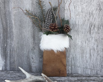 Leather Wall Pocket with Deer Fur Trim - Rustic Home - Stocking - Christmas Wall / Home Warming / Gift / Door Decor by Stacy Leigh