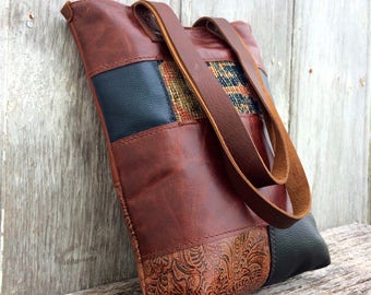 Leather Patchwork Carpetbag Tote in Distressed Chestnut and Black Color Block Leather, Handmade, OOAK Gift for Her,  by Stacy Leigh