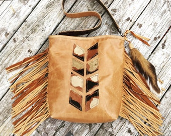 Distressed Honey Leather with Breastplate Design and Deerskin Fringe by Stacy Leigh