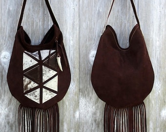 Geometric Triangle Suede Leather Shoulder Bag with Fringe by Stacy Leigh in Dark Chocolate Brown with  Salt and Pepper Hair On Cowhide