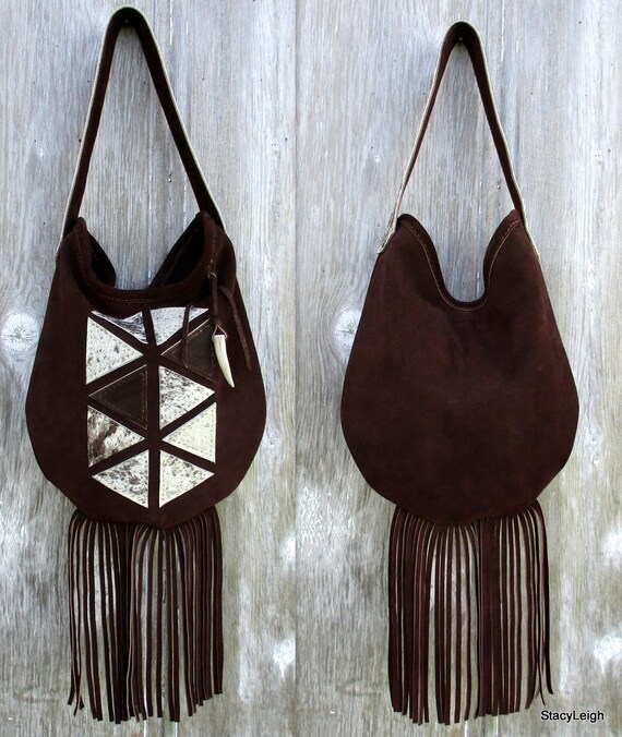 Geometric Triangle Suede Leather Shoulder Bag with Fringe by Etsy