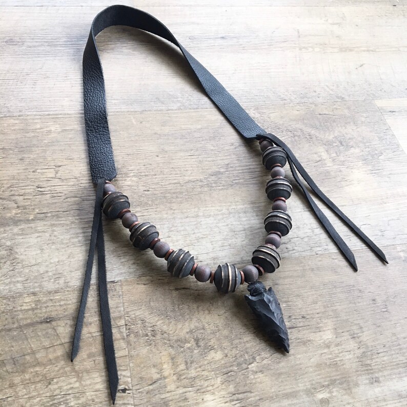Black Leather Strap Necklace With Black Arrowhead and Vintage Etsy