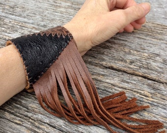 Leather Cuff Handmade with Leopard Cowhide - Anteater & Ostrich in Soft Distressed Brown Leather and Fringe by Stacy Leigh