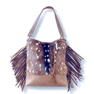 Axis Deer Shoulder Bag with Leather Fringe by Stacy Leigh