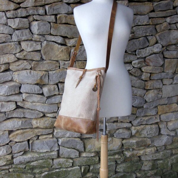 Beige Hair on Cowhide and Distressed Leather Bucket Bag by Stacy Leigh