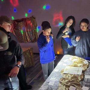 Puede incluir: Cuatro personas están alrededor de una mesa cubierta con una tela dorada. La mesa está iluminada por una luz brillante. Hay varias tarjetas blancas en la mesa con números escritos en ellas. Un dibujo de una balanza está en la mesa. La habitación está tenuemente iluminada con luces de colores.