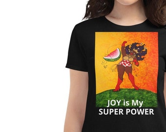 Super HERoine tshirt  JOY is My SUPERPOWER - karinsArt African american Natural Hair Crowned Super Hero