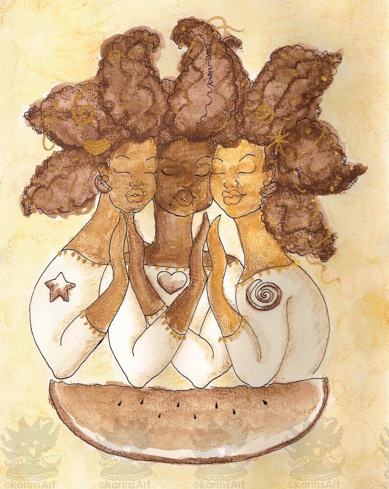 Prints:5x7True Self Sepia Trio Affirmation Natural Hair by karin turner KarinsArt watermelon african american spirit image 3