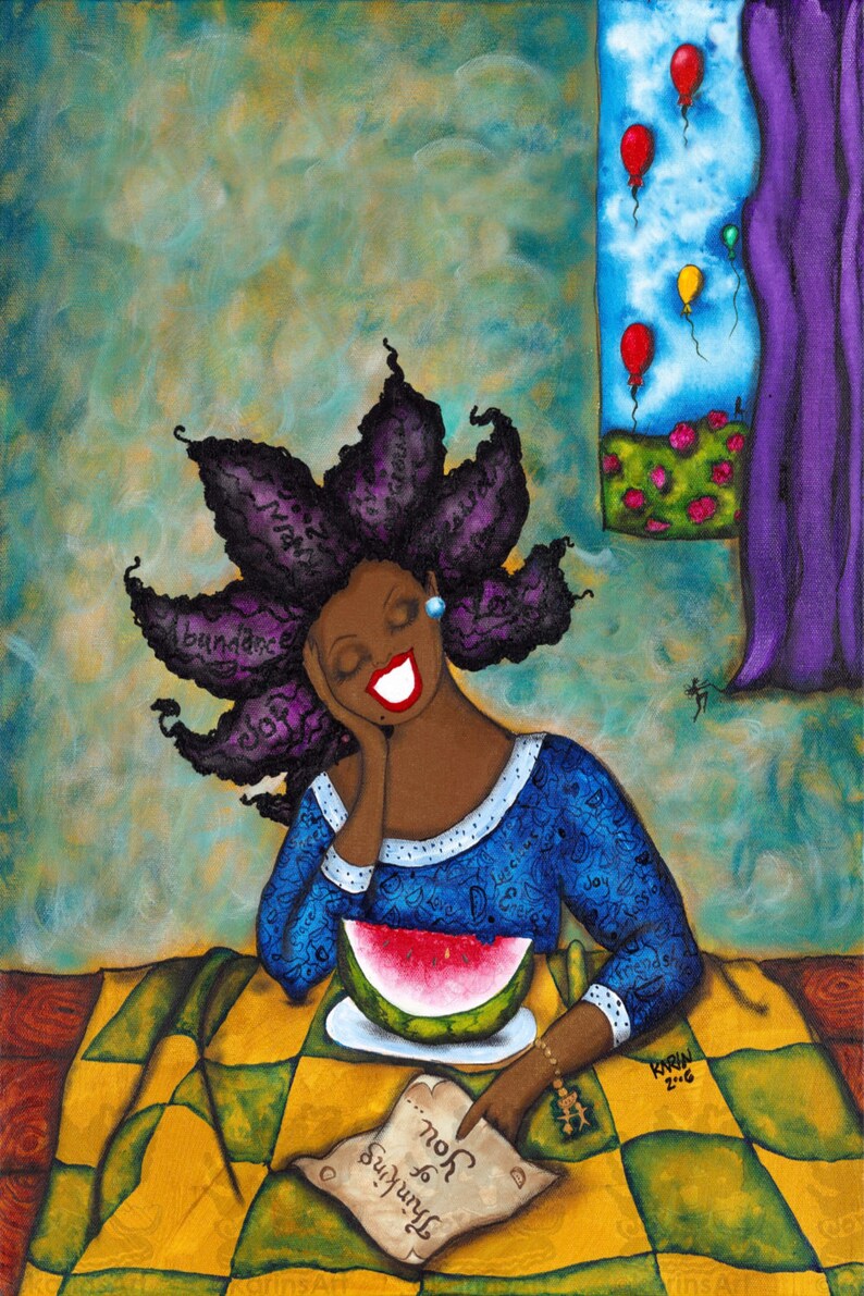 Print:11X14 16x20 20x30 Thinking of You Affirmation Natural Hair-karin turner KarinsArt african american watermelon image 3