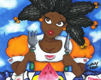 Print:11X14 16x20 20x30 Next Helping of Love  Affirmation Natural Hair by karin turner KarinsArt  watermelon african american