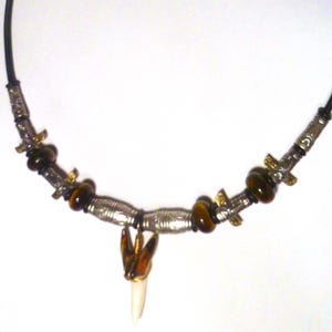 Mako Shark Tooth Pendant Necklace Tiger eye, Totem Beads Surfer Beach