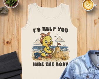 Camiseta regata "Eu te ajudaria a esconder o corpo", humor negro engraçado, estilo retrô com estampa de pato, presente para melhor amigo, estampa vintage de crime real na praia.