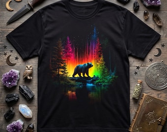 Bär Wald Regenbogen Print T-Shirt: Bold Nature Graphic Tee