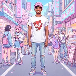 K&ouml;nnte beinhalten: Eine Person tr&auml;gt ein wei&szlig;es T-Shirt mit einem roten Teufels-Grafik, hellblaue zerrissene Jeans und bunte Turnschuhe. Die Person tr&auml;gt auch eine rosa M&uuml;tze. Der Hintergrund zeigt eine Anime-Stra&szlig;enszene mit japanischem Text und Zeichentrickfiguren.