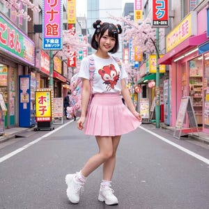 K&ouml;nnte beinhalten: Eine Person in einem wei&szlig;en T-Shirt mit einer roten Cartoonfigur, einem rosa Faltenrock und wei&szlig;en Turnschuhen steht auf einer Stra&szlig;e mit Gesch&auml;ften und Kirschbl&uuml;tenb&auml;umen. Ein rosa Rucksack befindet sich auf ihrem R&uuml;cken.