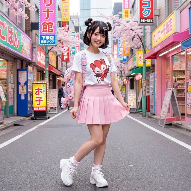 K&ouml;nnte beinhalten: Eine Person in einem wei&szlig;en T-Shirt mit einer roten Cartoonfigur, einem rosa Faltenrock und wei&szlig;en Turnschuhen steht auf einer Stra&szlig;e mit Gesch&auml;ften und Kirschbl&uuml;tenb&auml;umen. Ein rosa Rucksack befindet sich auf ihrem R&uuml;cken.