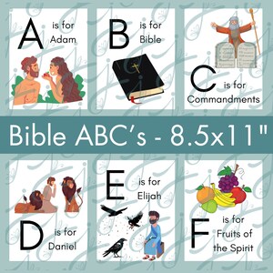 May include: A set of six printable alphabet cards featuring Bible-themed illustrations and text. Each card features a letter of the alphabet, a corresponding Bible-related word, and an image. The cards are designed for children's education and are 8.5 inches by 11 inches.