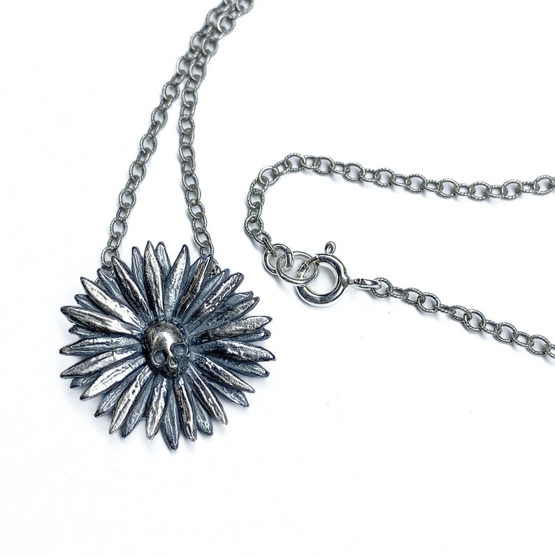 Daisy Skull necklace in oxidized sterling silver image 4