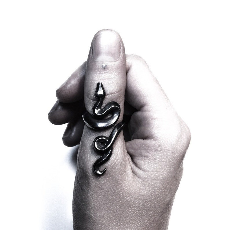 May include: A silver snake ring with a coiled design. The ring is worn on the thumb of a hand.