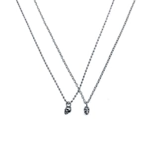 May include: Two silver chains with small skull pendants hanging from them.