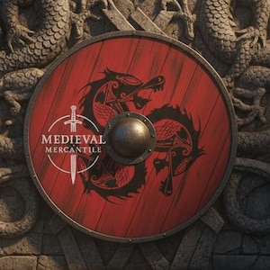 Red Dragon Viking Shield Medieval LARP Warrior Wood & Steel Handcrafted Cosplay and Wall Decor