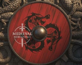 Red Dragon Viking Shield Medieval LARP Warrior Wood & Steel Handcrafted Cosplay and Wall Decor