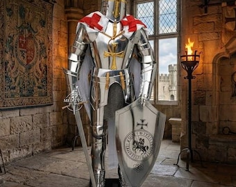 Medieval Knight Full Suit of Armor Templar Crusader Costume, Collectible Statue
