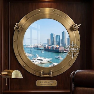 Antique Brass Porthole Window, Nautical Maritime Ship Wall Decor, Coastal Beach House Wall Hanging