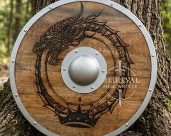 Carved Norse Dragon Shield Viking Warrior Round Shield, Battle Ready