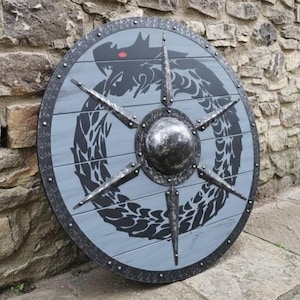 Handgefertigte Jormungandr Viking schild Schaukampftaugliche Holz & Stahl Krieger Prop und Wanddekoration