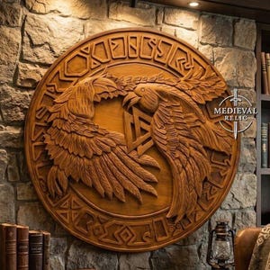 Viking Raven Wooden Shield Handcarved Norse Huginn Muninn Plaque, Wall Decor