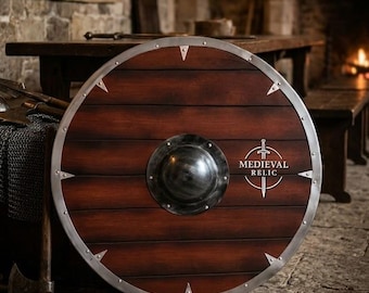 Handcrafted Viking Shield, Medieval Wooden Prop with Steel Boss, LARP Cosplay Decor