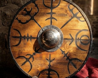 Handmade Viking Wooden Shield with Vegvisir Norse Compass, Wall Decor, Battle Ready Cosplay
