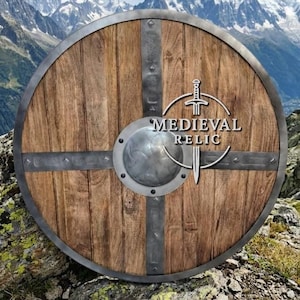 Bouclier viking en bois fait main : Bouclier décoratif mural nordique patiné par les combats – Cadeau