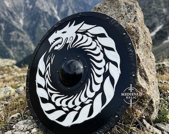 Handcrafted Wooden Viking Shield Norse Dragon Design, Medieval LARP Cosplay Prop & Wall Decor