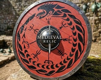 Viking Wooden Norse Handcrafted Shield with Sunburst Design & Wall Decor