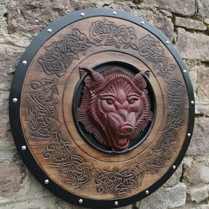 Escudo Viking Fenrir Lobo Talhado à Mão, Decoração Nórdica, LARP, Cosplay, Pronto para Batalha