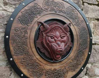 Handcarved Fenrir Wolf Viking Shield Norse Decor, LARP Cosplay, Battle Ready