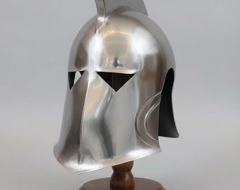 Handgemaakte Spartaanse krijgershelm, middeleeuwse Griekse Korinthische helm, stalen afwerking, cosplaycadeau