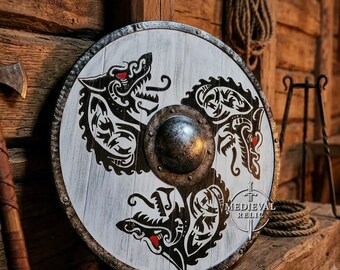 Handcrafted Viking Shield, Fenrir Wolf Design, Wooden Round Prop (24-36 Inch)