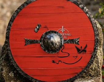 Handmade Viking Shield, Red Medieval Wood Shield, Cosplay Prop, Wall Decor Gift