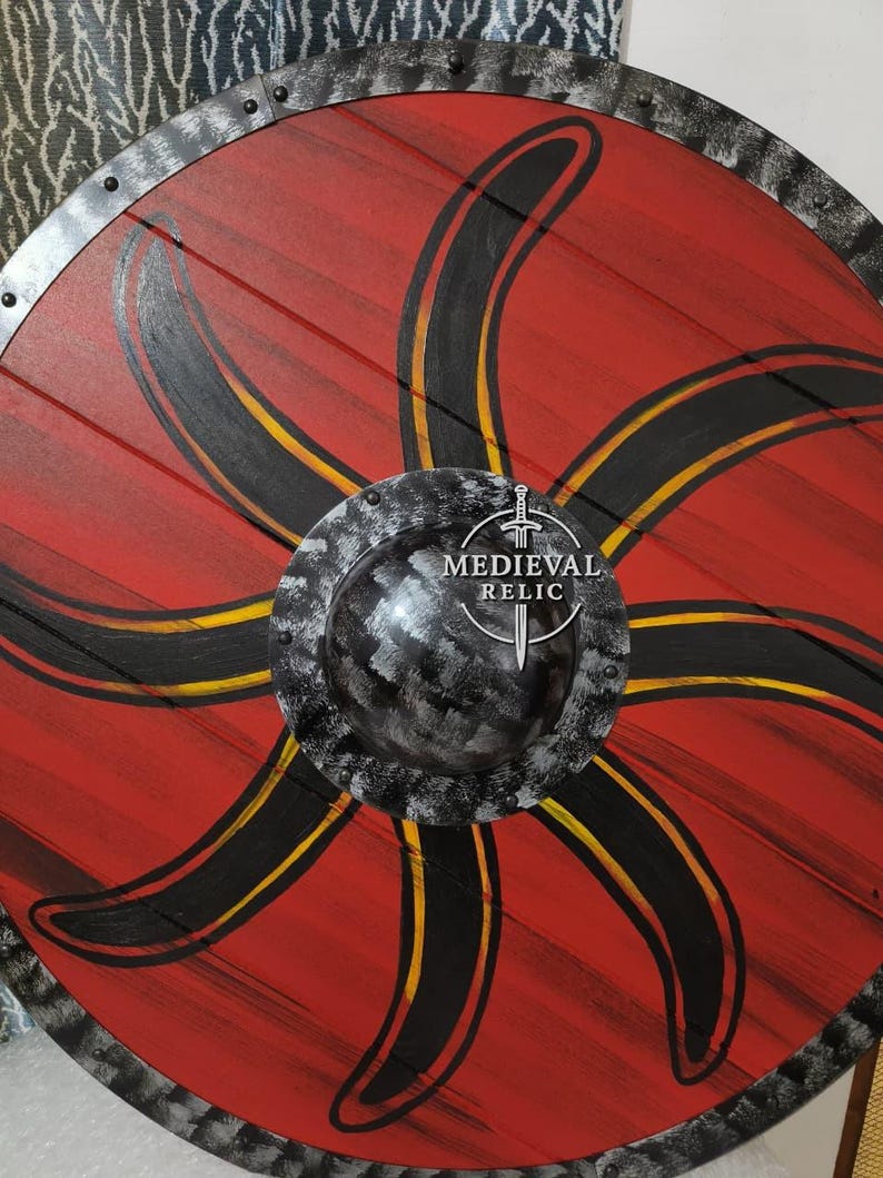 Shield Yellow Rim Viking Wooden Norse Handcrafted Shield With Sunburst Design & Wall ...