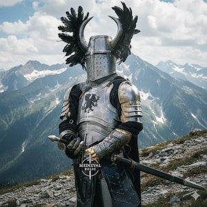 Handgjord medeltida riddarerustning i stål | Hornad korsfararhjälm, fjädrar, harnesk (LARP Cosplay)