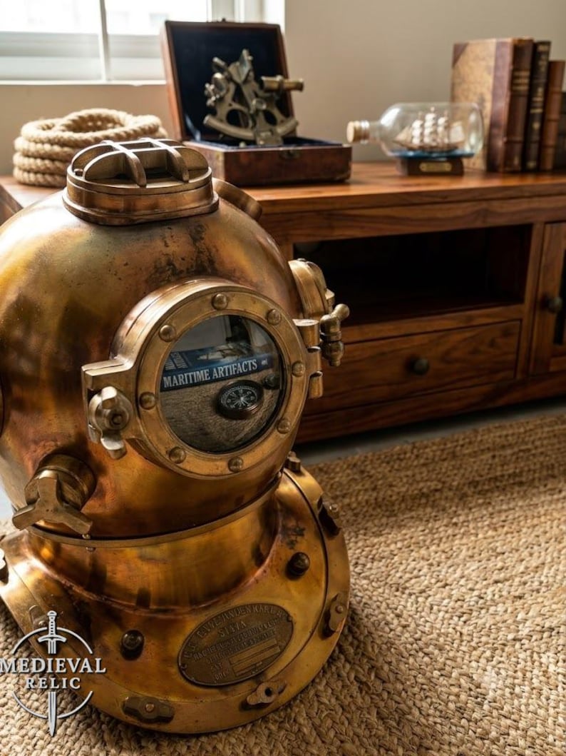 Brass Diving Helmet Replica, Nautical Maritime Decor, US Navy Mark V image 2