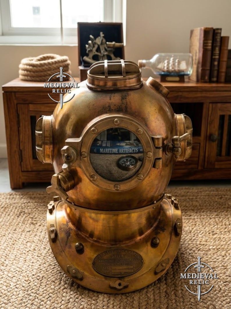 Brass Diving Helmet Replica, Nautical Maritime Decor, US Navy Mark V image 1