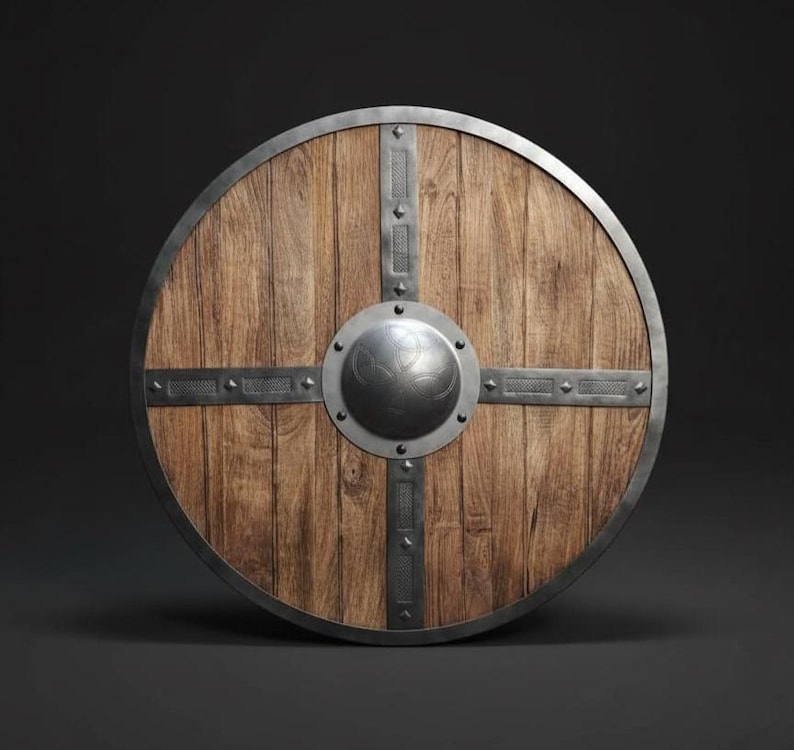 Escudo vikingo de madera hecho a mano: escudo decorativo nórdico desgastado por la batalla para la pared, ideal como regalo. imagen 2