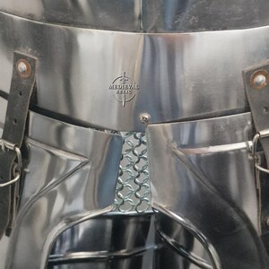 May include: Close-up of polished steel armor with leather straps and buckles. A section of chainmail is visible. The logo "MEDIEVAL RELIC" is stamped on the armor.