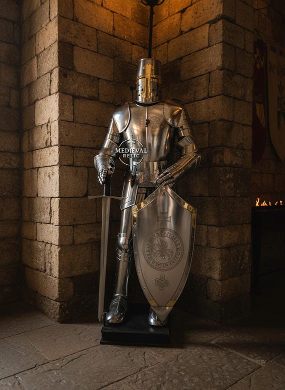 Medieval Knight Full Suit of Armor Templar Crusader Costume Home Decor, Collectible Statue