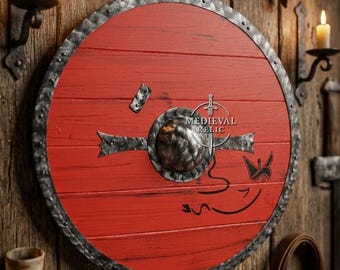 Handmade Viking Shield, Red Medieval Wood Shield, Cosplay, Wall Decor Gift
